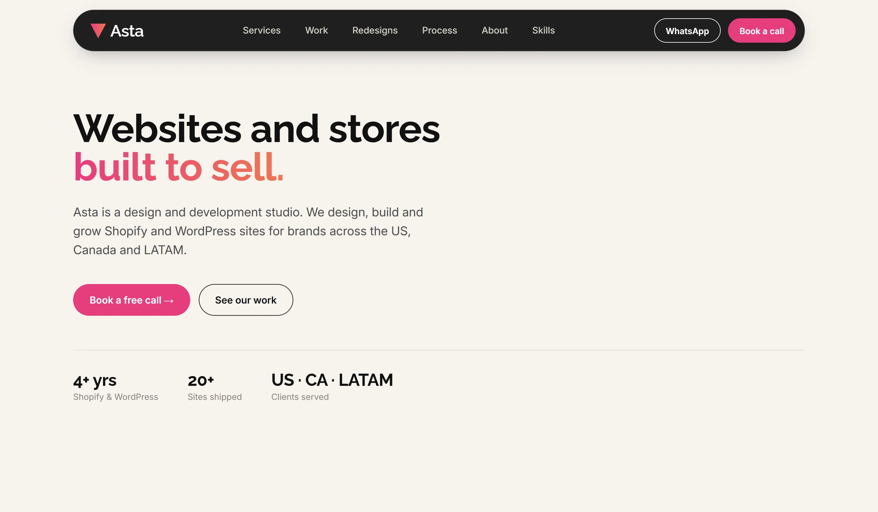 New Asta homepage hero: Websites and stores built to sell